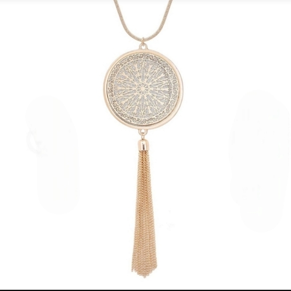 Long Necklace Disk Circle Pendant Tassel - Picture 2 of 11